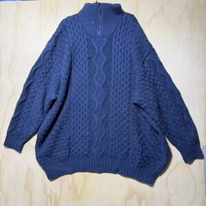 SAOL Ireland 100% Merino Wool Blue Cable Knit Quarter Zip Sweater Men 3XL